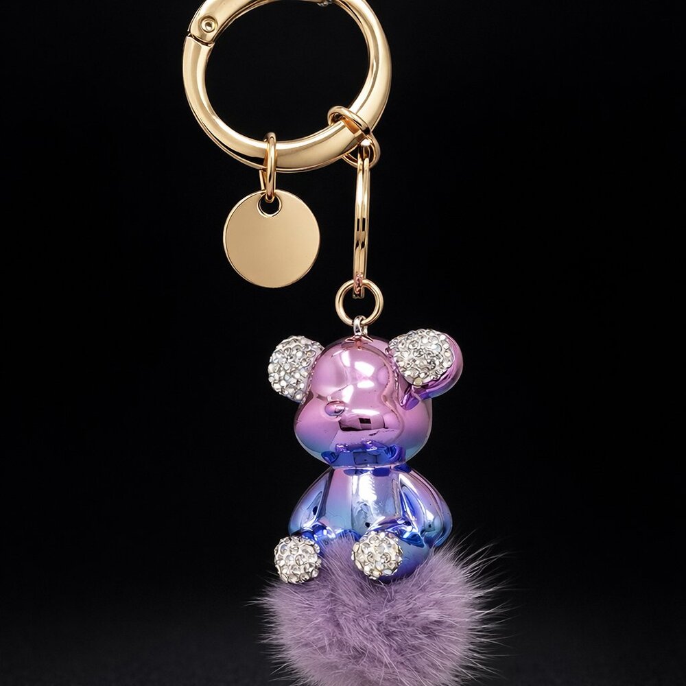 Glossy Teddy Bear with Fur Pom Pom and Rhinestone Keychain Bag Charm Purple NEW
